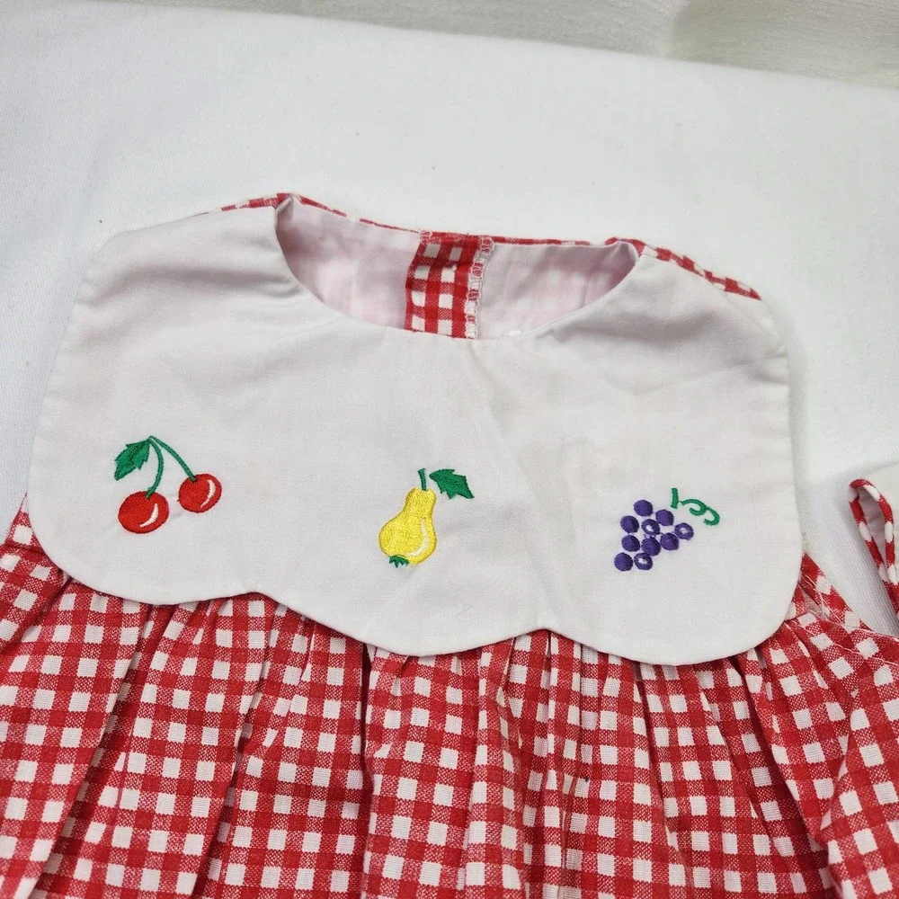 Vintage Kids Matching Set Red and White Gingham Dress with Bonnet